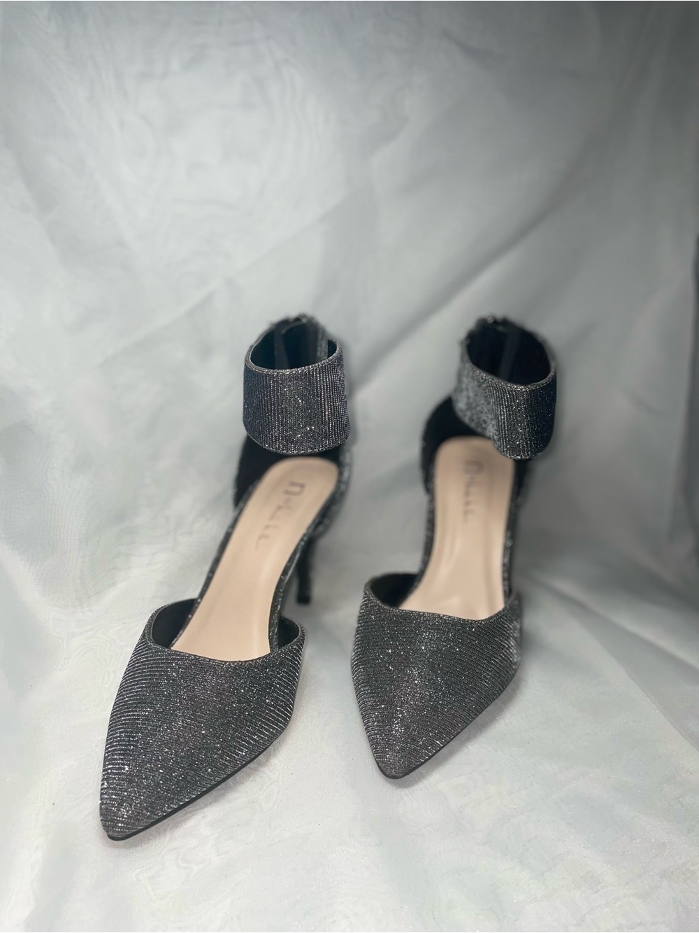 Nicole Miller Silver Glitter Pointed-Toe Ankle Strap Heels